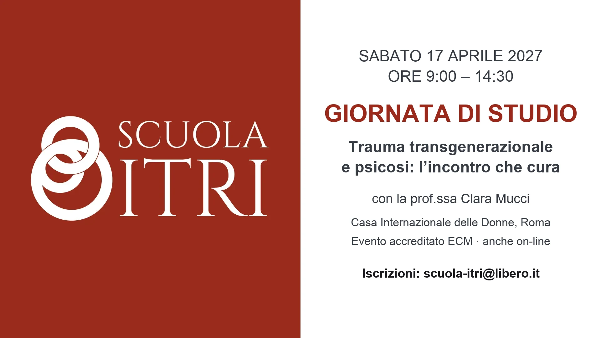 Giornata di studio “Trauma transgenerazionale e psicosi: l’incontro che cura”, sabato 17 aprile 2027 a Roma.